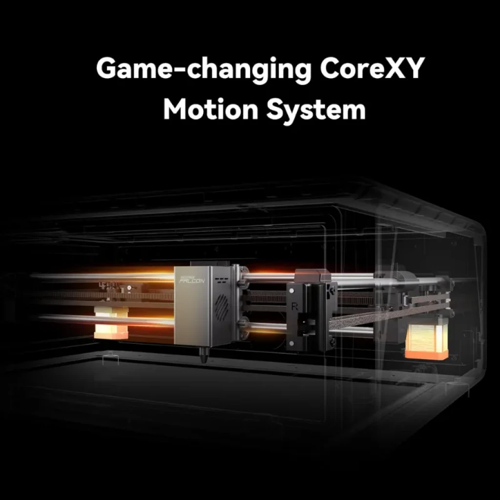 Creality Falcon A1 con sistema CoreXY, rieles dobles y módulo láser frontal iluminado dentro de chasis oscuro
