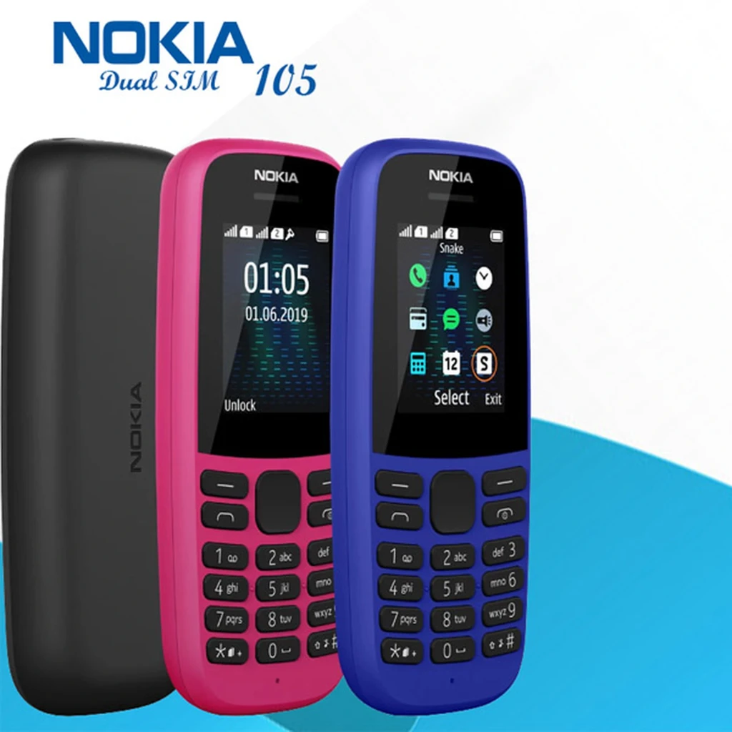 Nokia 105 TA-1174 4ª Edición Dual SIM en colores azul y rosa, pantalla compacta, teclado numérico grande, carcasa curvada y linterna superior integrada