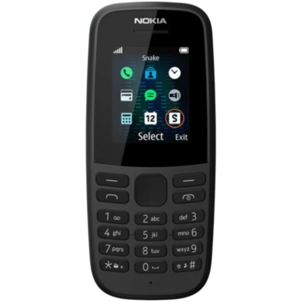 Teléfono básico Nokia 105 TA-1174 4ª Edición Dual SIM en negro, pantalla a color pequeña, teclado numérico grande, iconos claros y diseño compacto
