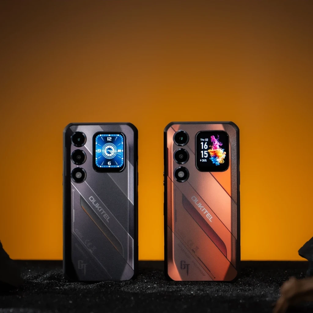Oukitel WP66 5G naranja y negro, diseño rugerizado con bordes reforzados, triple cámara trasera y pantalla secundaria frontal para notificaciones