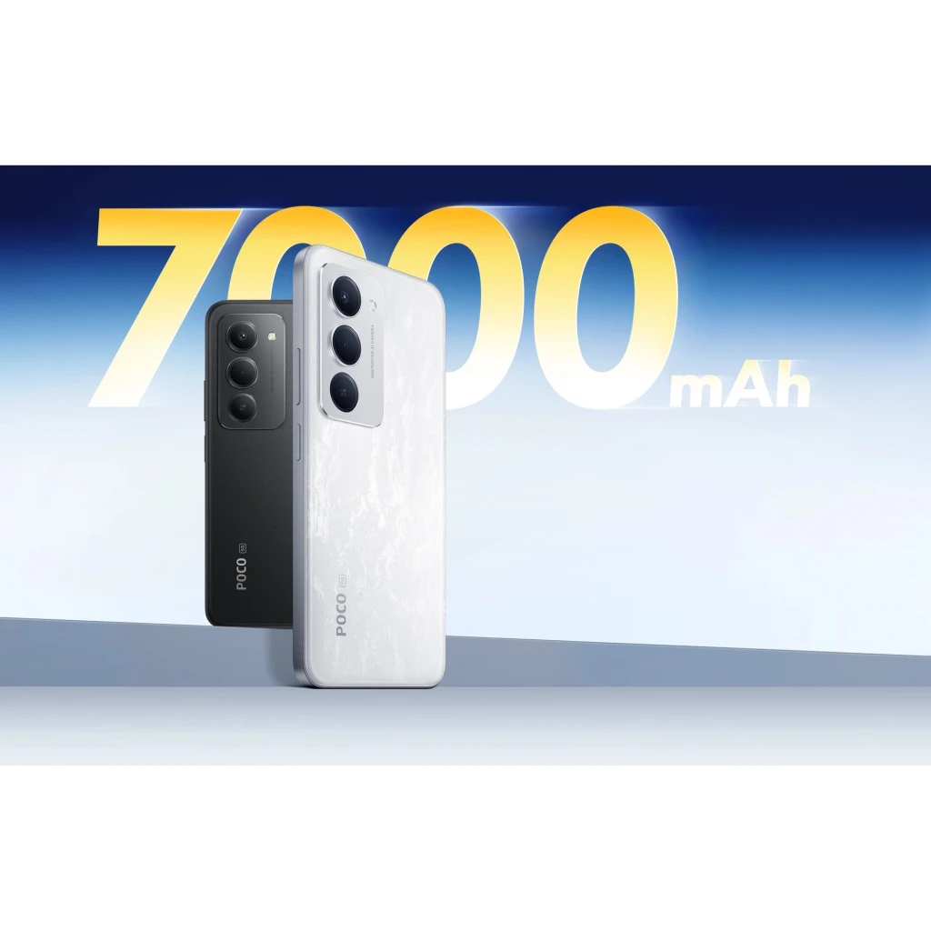 Xiaomi Poco M8s 5G negro y blanco con triple cámara trasera, módulo vertical y pantalla FullHD+. Texto 7000 mAh destacando gran batería. 6GB RAM y 128GB.
