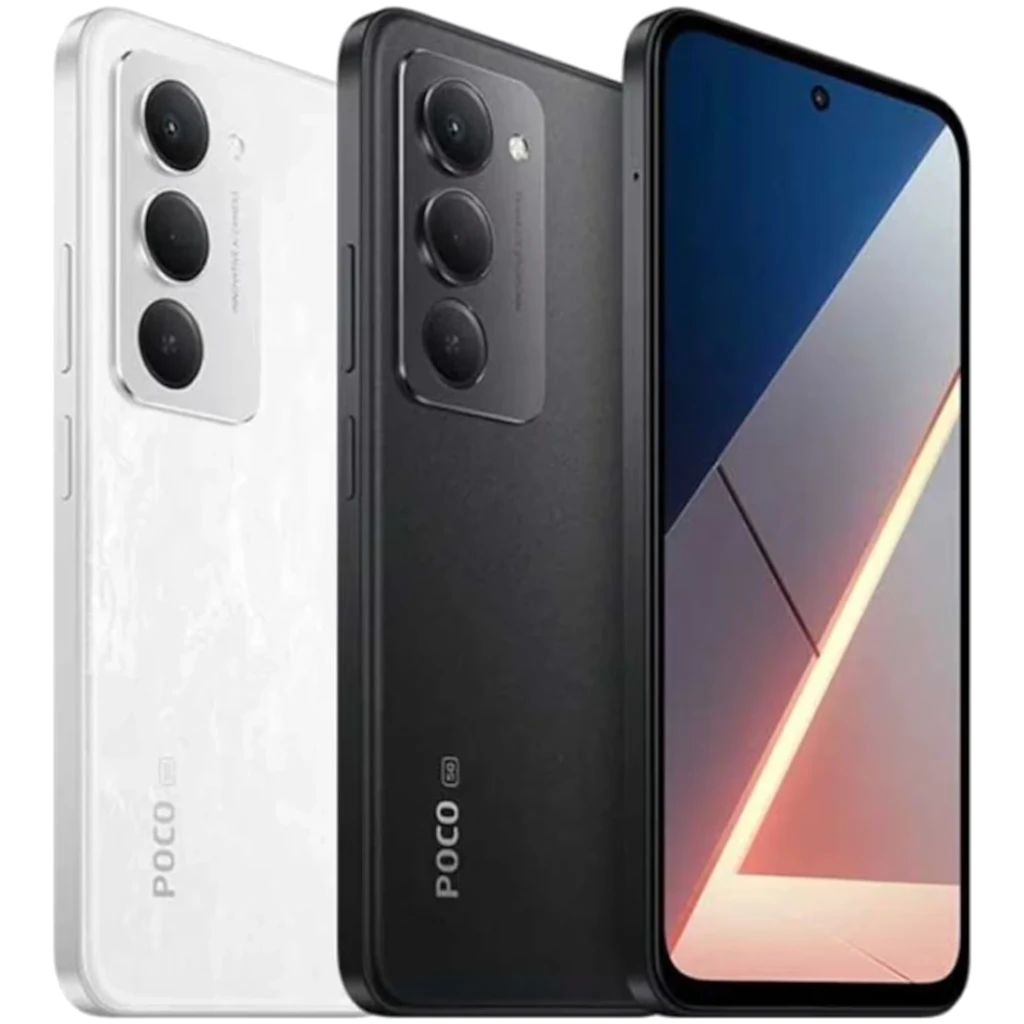 Xiaomi Poco M8s 5G negro con pantalla FullHD+ sin marcos, cámara trasera triple vertical con flash, frontal perforada centrada, acabado mate elegante