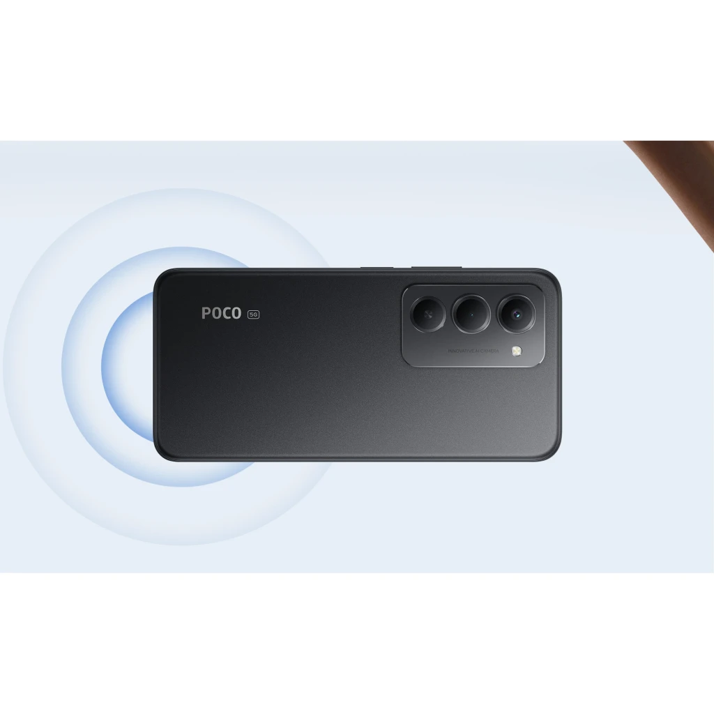 Xiaomi Poco M8s 5G negro con triple cámara trasera en módulo rectangular, acabado mate, logo POCO 5G visible y bordes redondeados