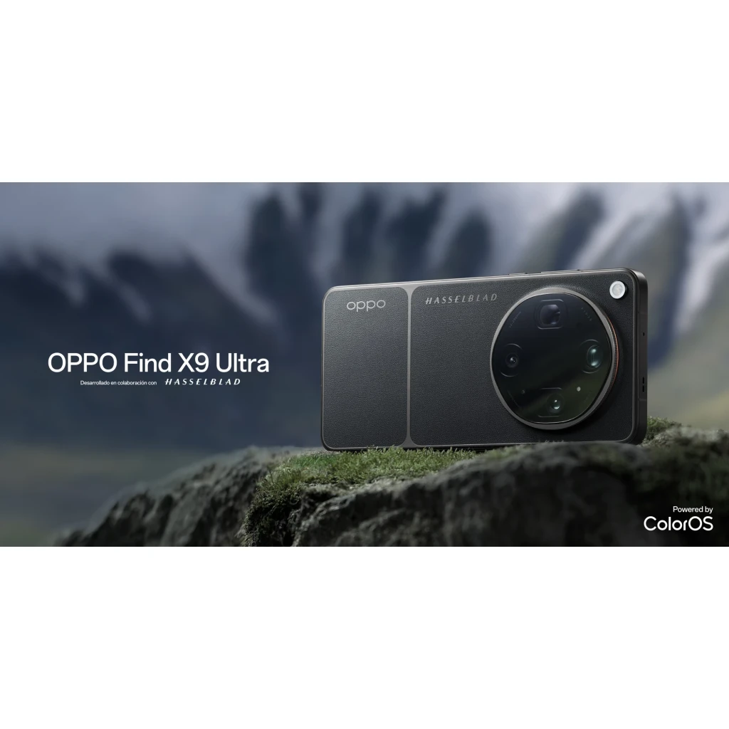 Oppo Find X9 Ultra 5G en Tundra Umber con gran módulo de cámara Hasselblad circular y acabado mate elegante sobre roca, detalle premium y minimalista