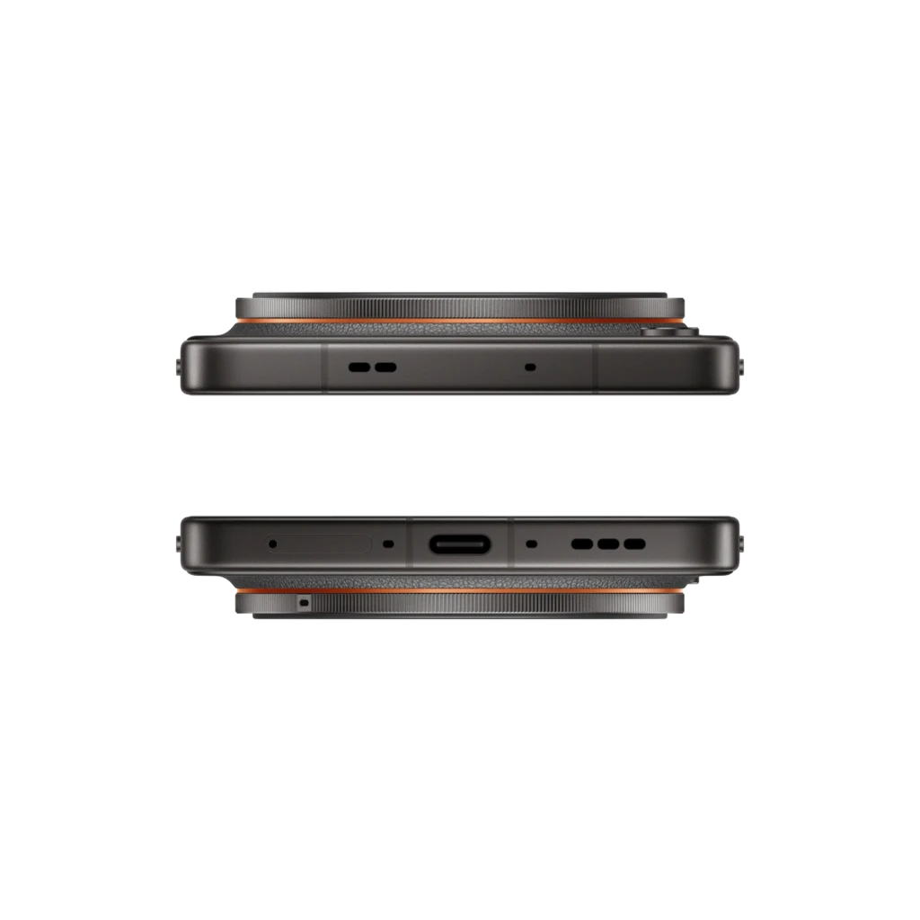 Bordes superior e inferior del Oppo Find X9 Ultra 5G en Tundra Umber con puerto USB-C centrado, altavoces, micrófonos y detalle anaranjado en el marco