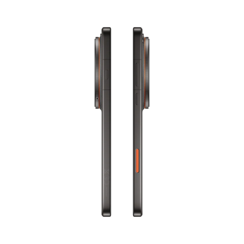Lateral del Oppo Find X9 Ultra 5G en Tundra Umber con módulo de cámara grande Hasselblad, marco metálico delgado y botón lateral naranja destacado