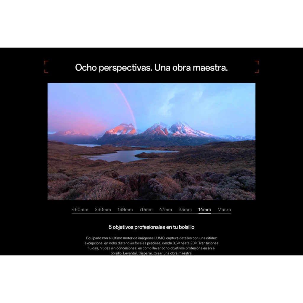 Pantalla promocional con paisaje montañoso al atardecer y arcoíris, mostrando rangos focales 460 mm a Macro y lema Ocho perspectivas. Una obra maestra.