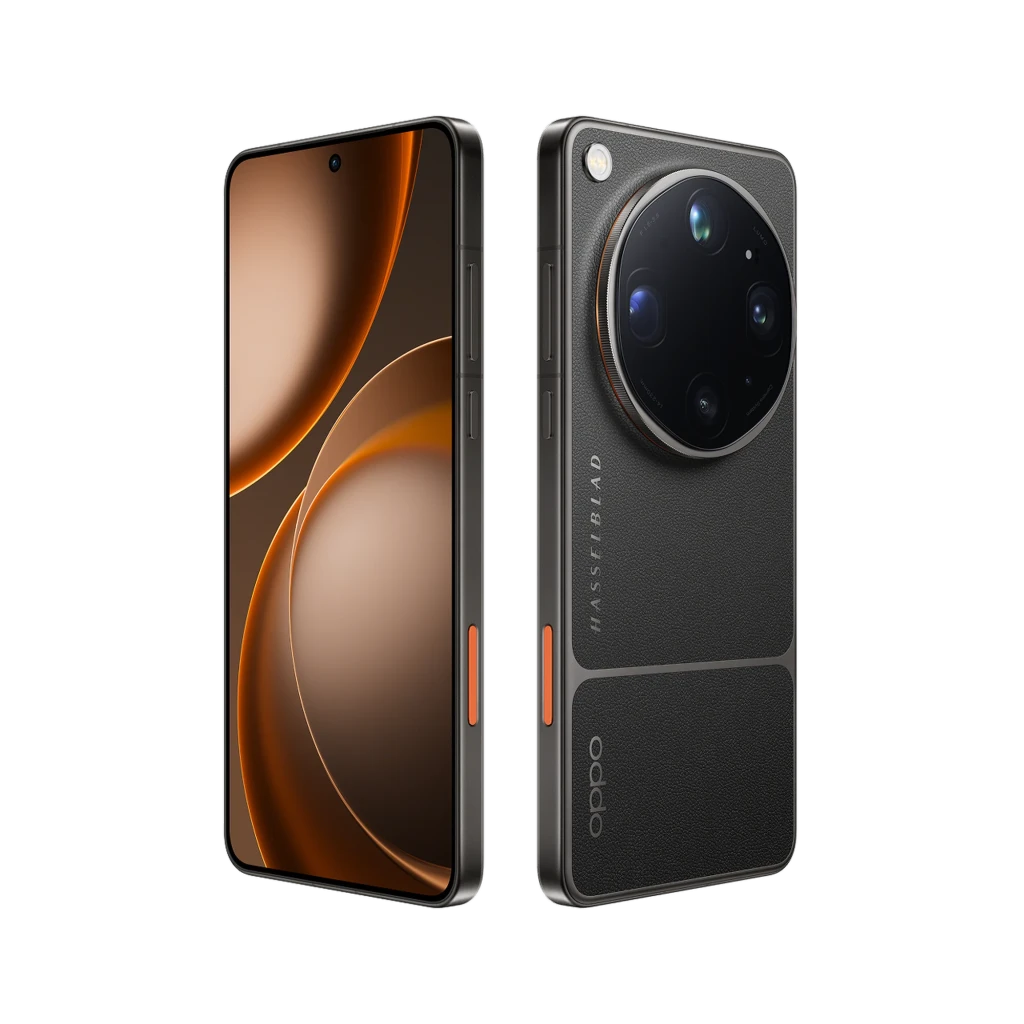 Smartphone premium en color Tundra Umber con gran módulo circular Hasselblad, cuero texturizado, marco metálico con botón naranja y pantalla curva sin marcos