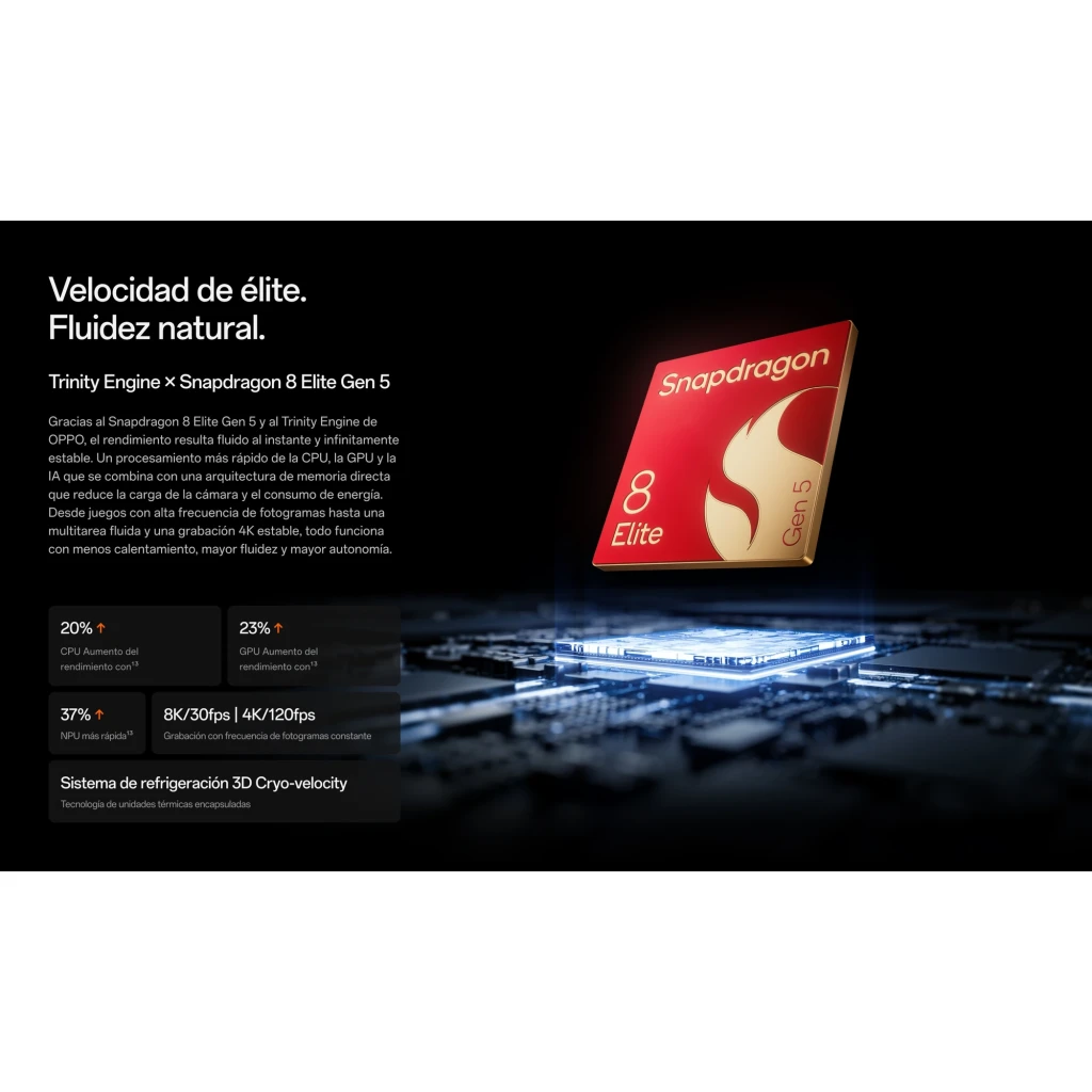 Chip Snapdragon 8 Elite Gen 5 destacado sobre placa electrónica iluminada, con módulo rojo y dorado, resaltando potencia y eficiencia en refrigeración 3D