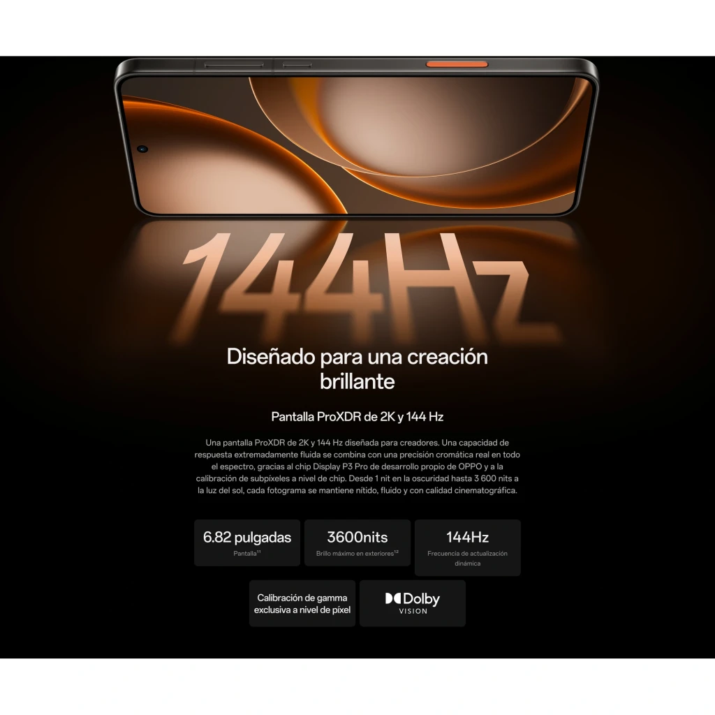 Pantalla ProXDR 2K de 6.82 pulgadas con tasa de 144 Hz, brillo de 3600 nits, bordes delgados y centro perforado; calibración de gamma y Dolby Vision