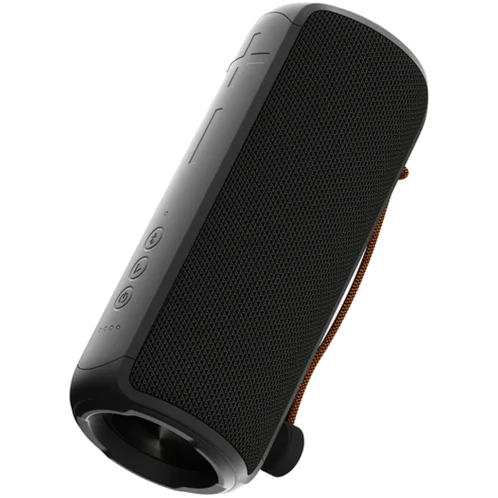 Blackview AuraBass 3 20W Negro, altavoz portátil cilíndrico con rejilla textil, botones laterales grandes, asa de cuerda naranja y radiadores pasivos extremos