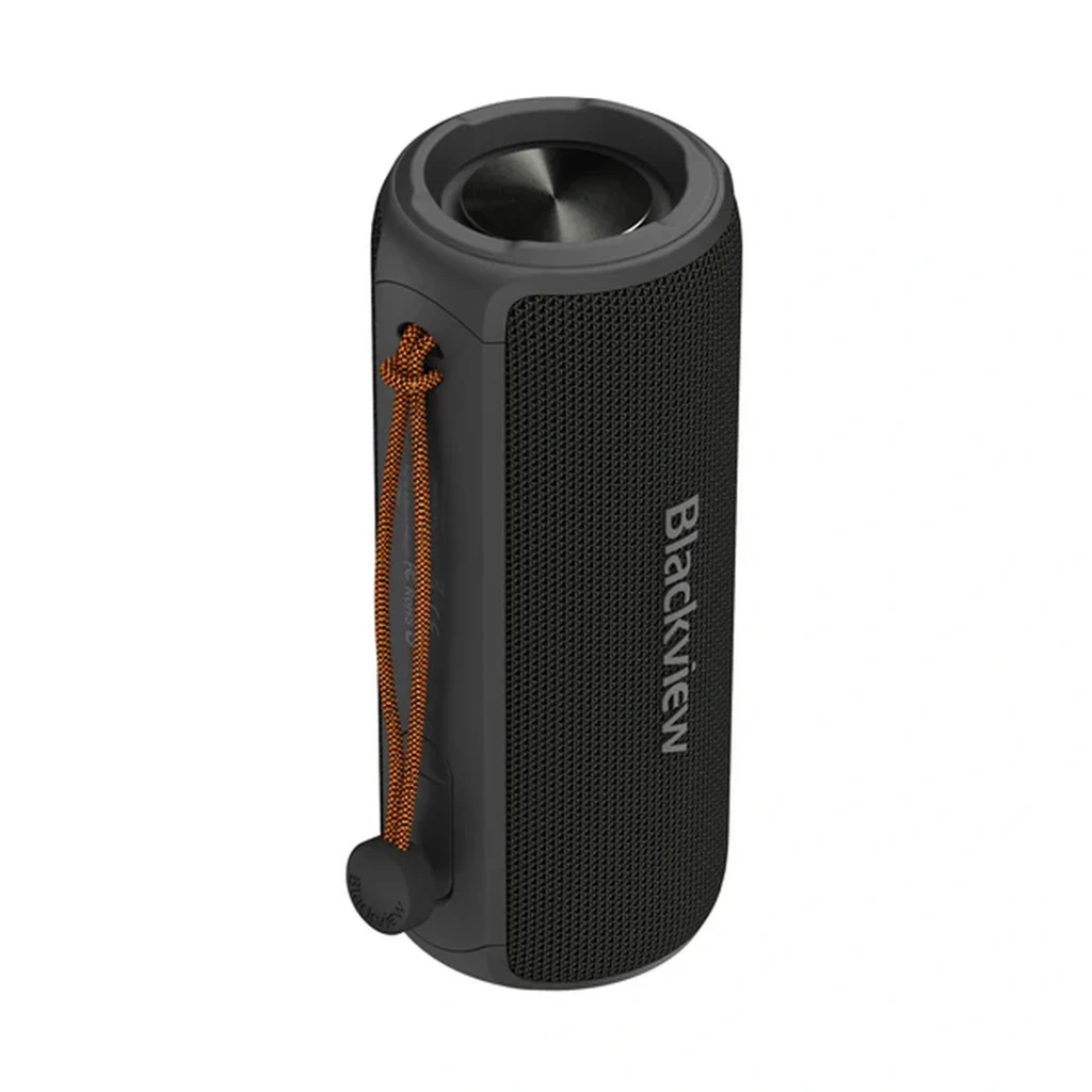 Blackview AuraBass 3 20W Negro, altavoz portátil cilíndrico con malla frontal, logo lateral, radiador pasivo superior y cordón naranja para transporte