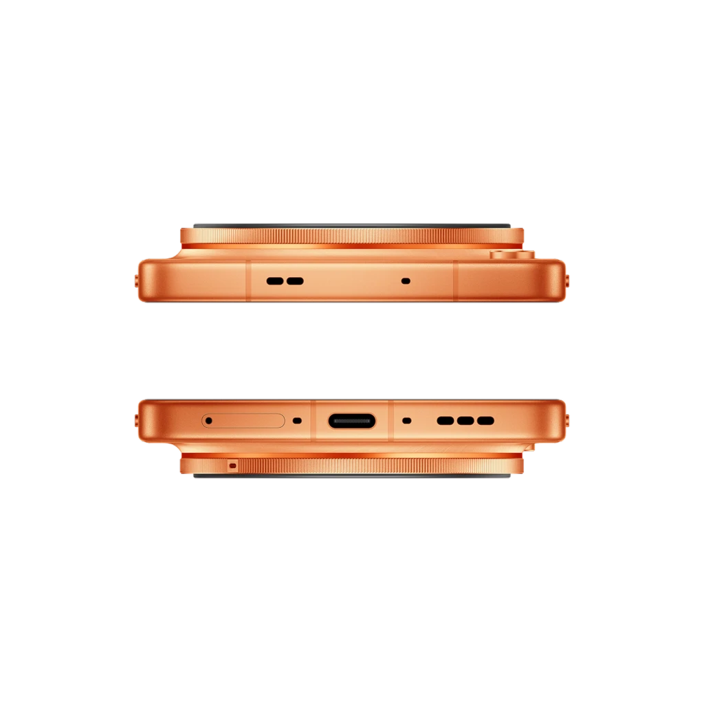 Bordes superior e inferior del Oppo Find X9 Ultra 5G en color Canyon Orange con módulo de cámara abultado, USB-C centrado, micrófonos y rejillas de altavoz