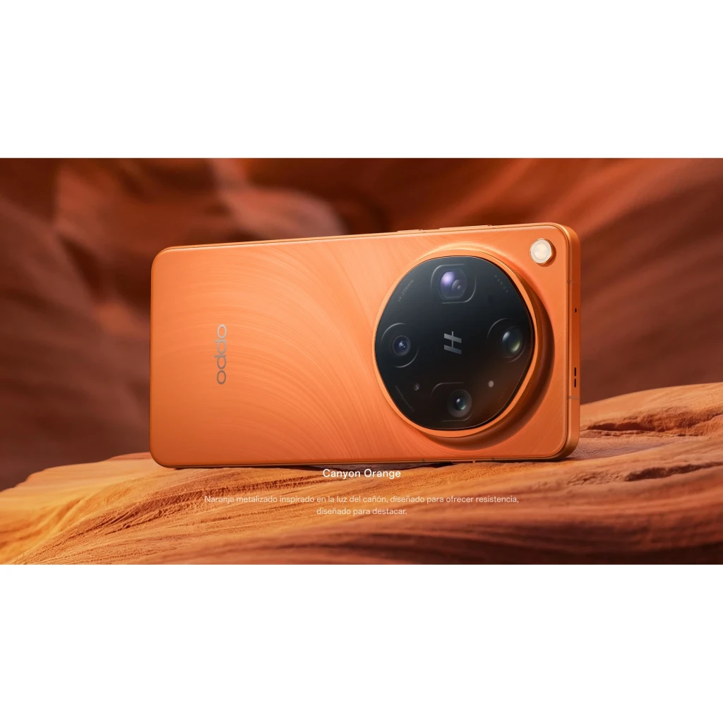 Oppo Find X9 Ultra 5G en Canyon Orange, acabado mate texturizado, gran módulo de cámaras circular negro, bordes suaves y diseño premium elegante