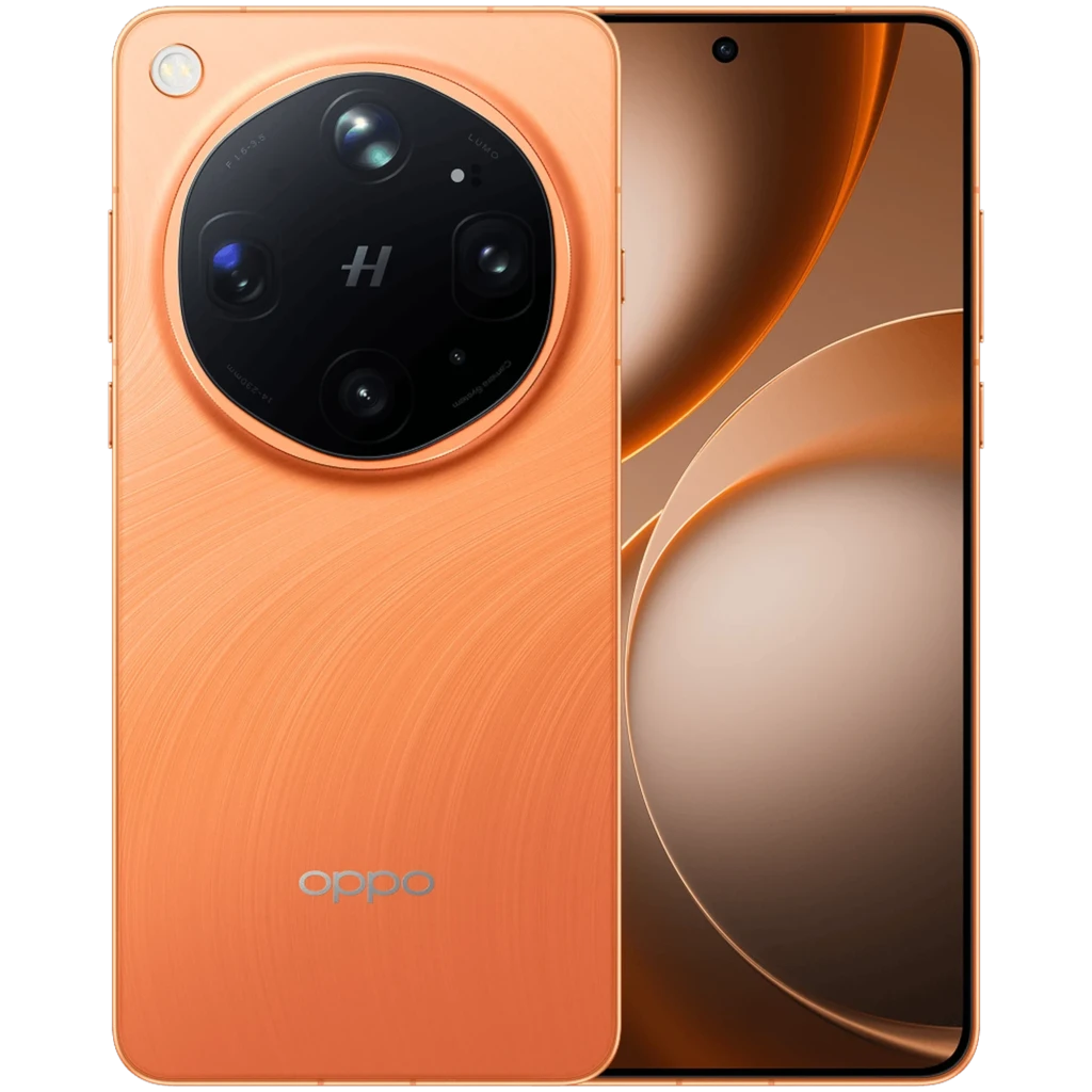 Smartphone marrón Canyon Orange con pantalla casi sin bordes y perforación central, gran módulo circular Hasselblad trasero, acabado texturizado y marco