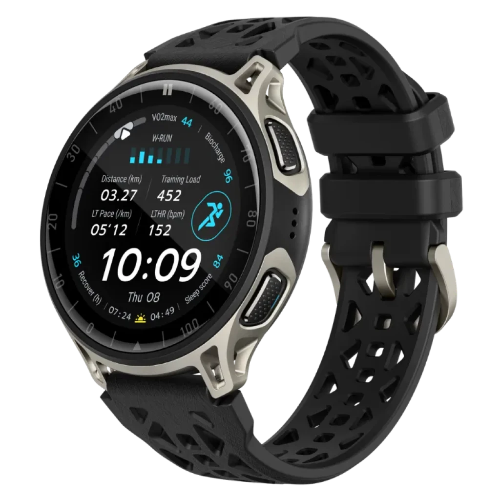 Vista a 45 grados del Amazfit Cheetah 2 Pro con correa negra de silicona
