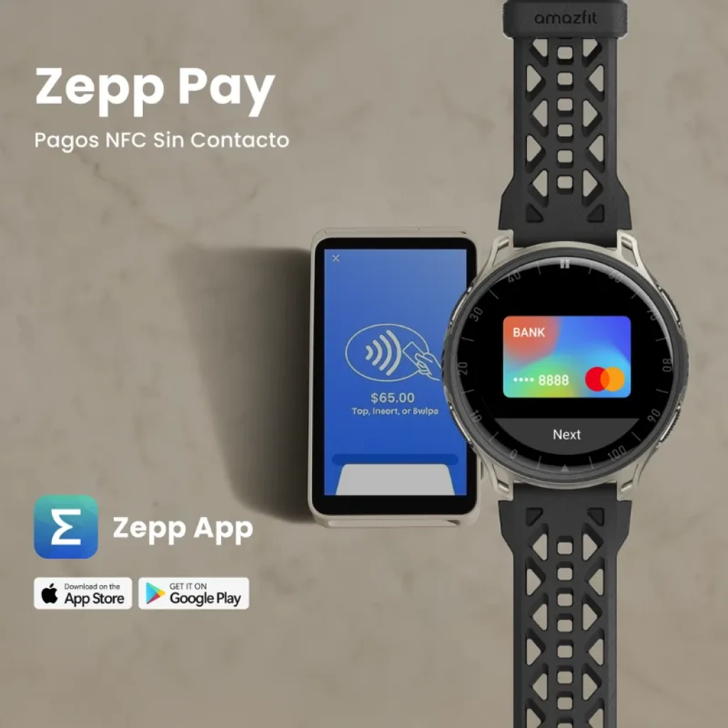 Amazfit Cheetah 2 Pro negro con Zepp Pay NFC junto a smartphone con pago