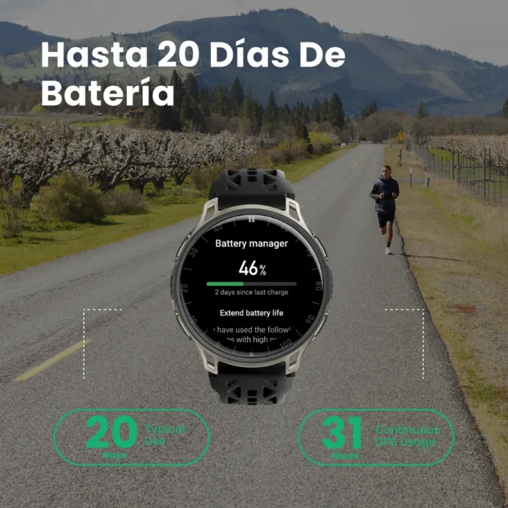 Amazfit Cheetah 2 Pro negro con indicador de batería y métricas de uso en pantalla