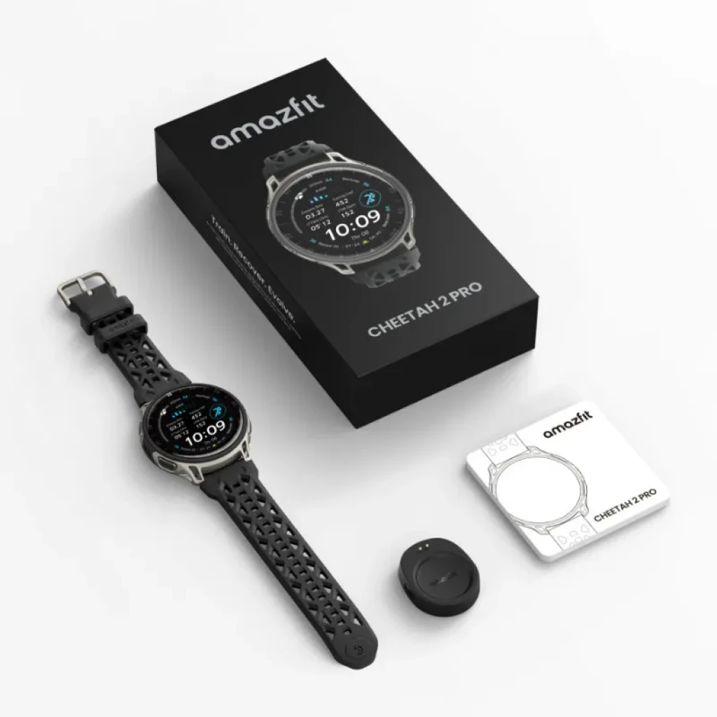 Amazfit Cheetah 2 Pro negro, incluye reloj, caja, cargador magnético y manual.