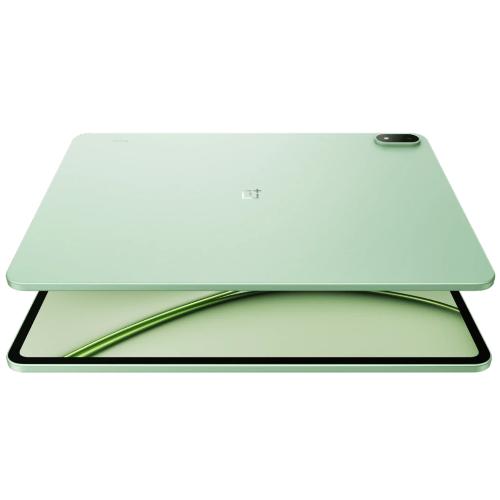 Tablet OnePlus Pad 4 WiFi 13.2 pulgadas color Sage Mist, cuerpo metálico verde, bordes finos y cámara trasera doble en esquina superior derecha