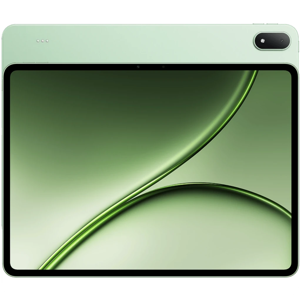 Tableta OnePlus Pad 4 WiFi 13.2 pulgadas en color Sage Mist, bordes delgados, pantalla amplia con fondo verde, cámara trasera dual en esquina superior