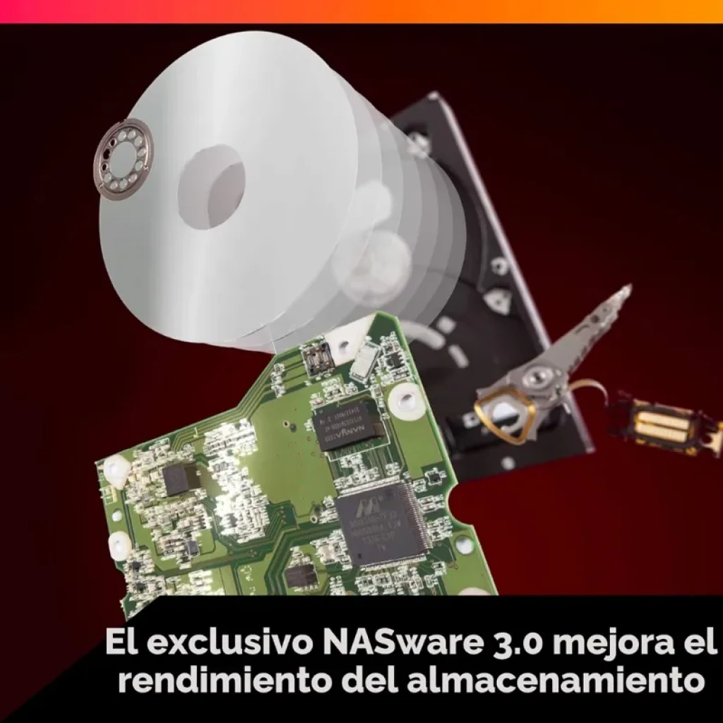 Carte électronique et plateaux internes d un disque dur WD Red Plus 3,5 pouces 8 To, interface SATA, avec mention NASware 3.0 pour performance de stockage