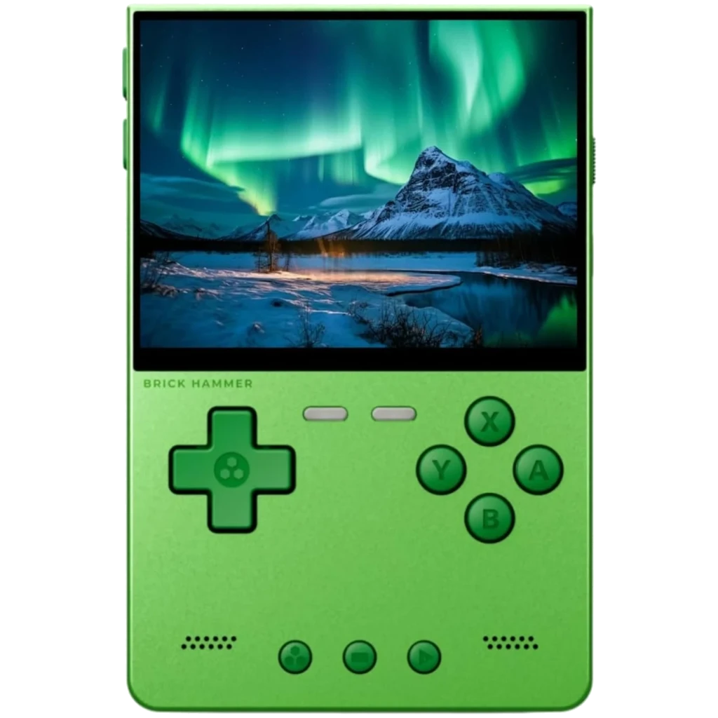 Trimui Brick Hammer Metal Vert sans carte SD, console rétro compacte avec écran, croix directionnelle à gauche, boutons A B X Y à droite et commandes