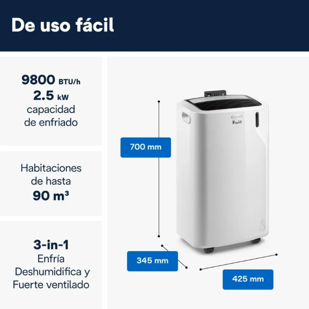 De'Longhi PAC EM90K Silent, aire acondicionado portátil blanco con ruedas, panel superior con rejilla negra y pantalla, dimensiones 700x345x425 mm, 3 en 1