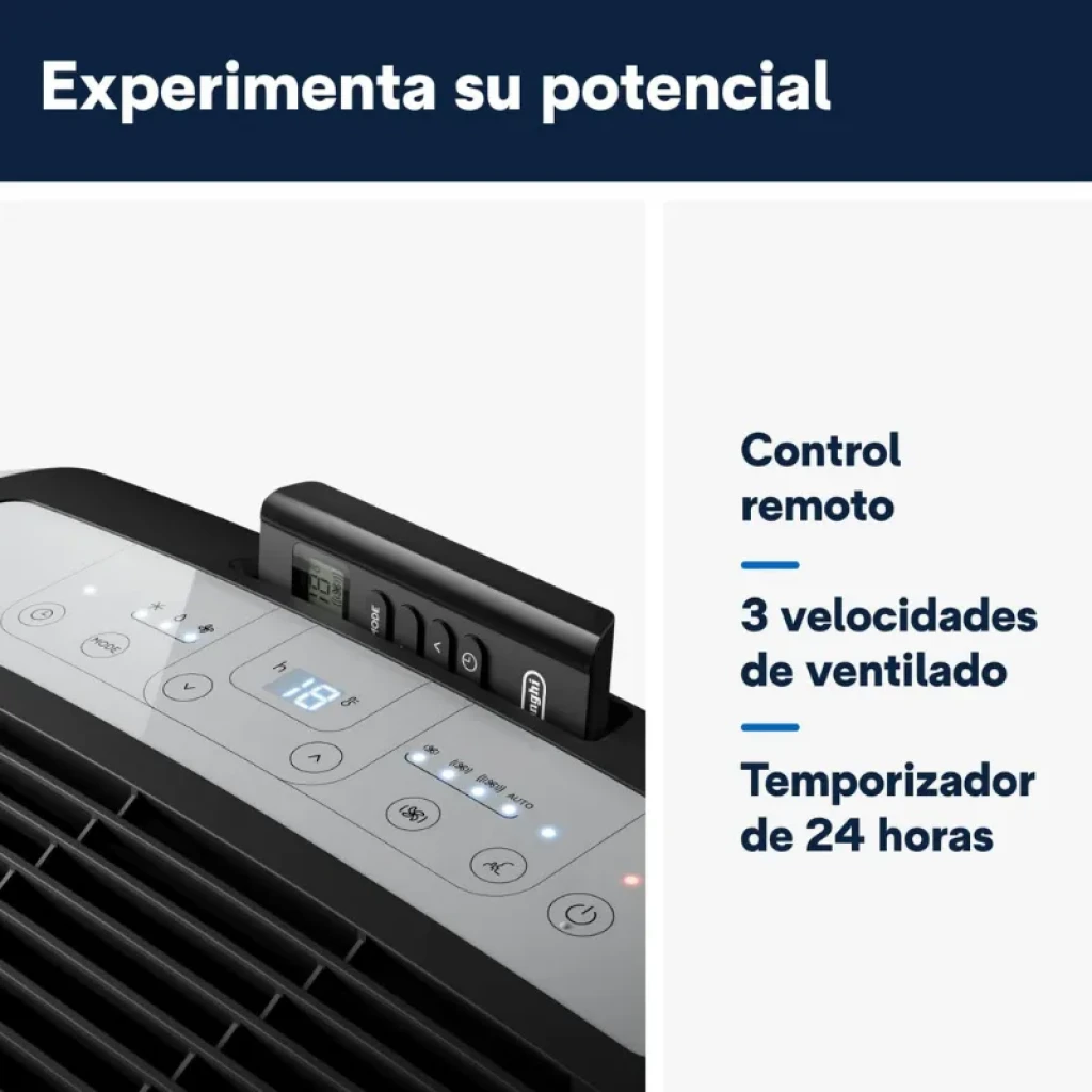De'Longhi PAC EM90K Silent aire acondicionado portátil negro con panel táctil, display LED, rejillas superiores y control remoto; 3 velocidades y temporizador