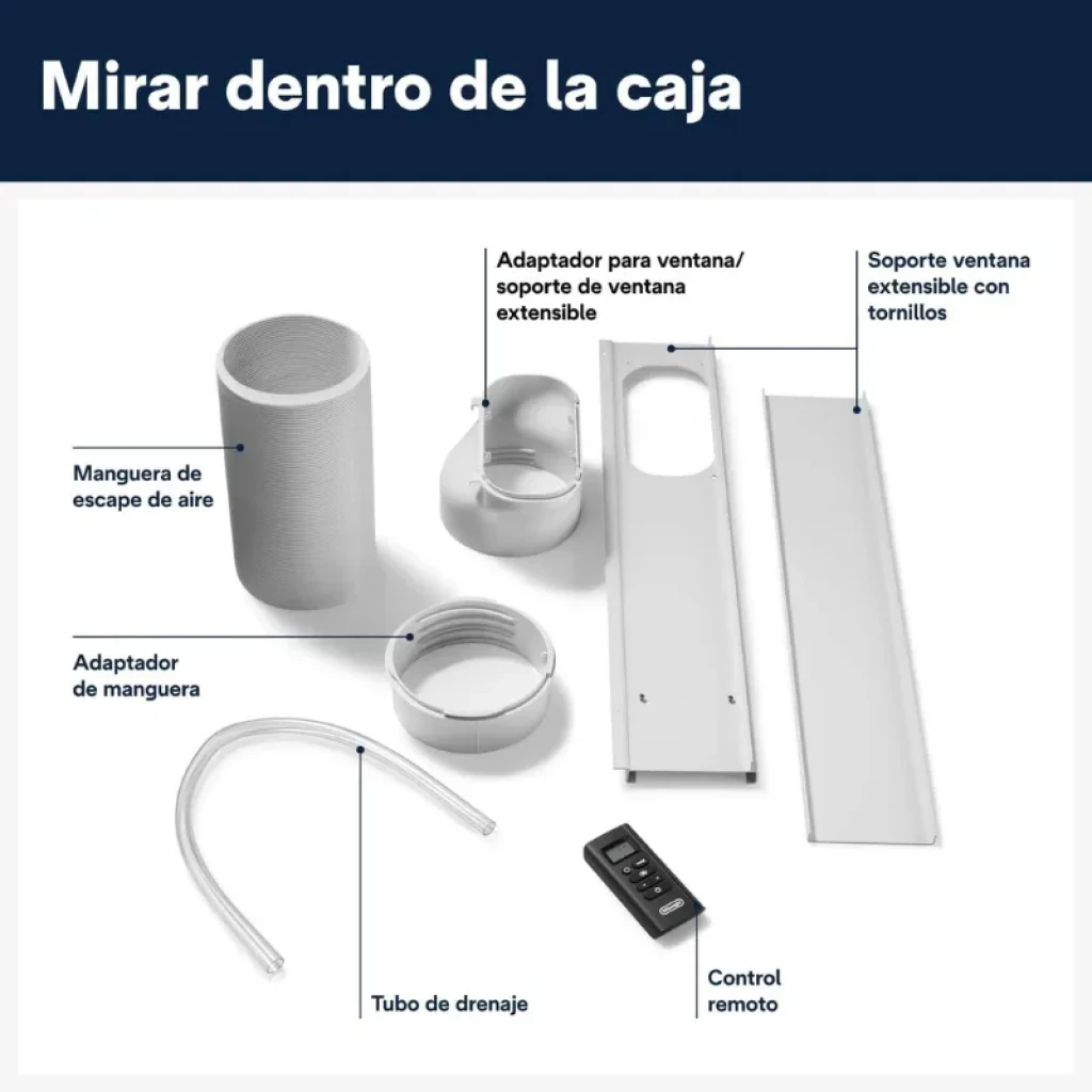 Accesorios del De'Longhi PAC EM90K Silent: manguera de escape, adaptadores, panel para ventana extensible, tubo de drenaje y control remoto