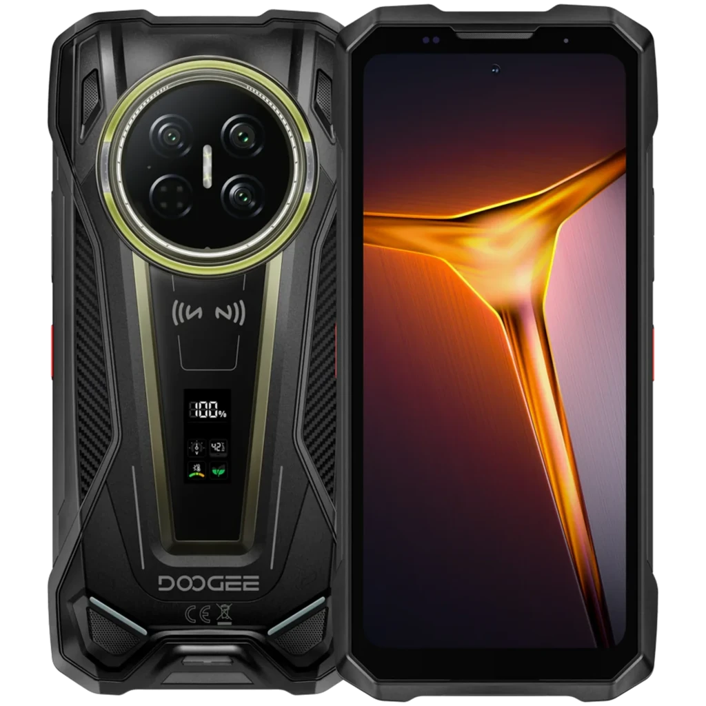 Doogee V Max 2 5G negro robusto IP68, pantalla grande sin marcos, triple cámara trasera circular con anillo luminoso, mini pantalla trasera y botones laterales