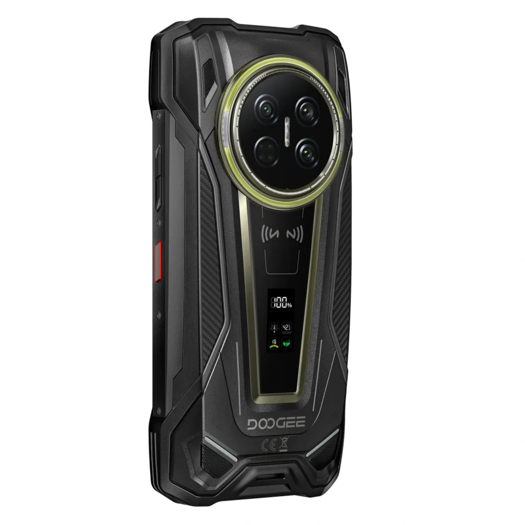 Smartphone rugerizado negro Doogee V Max 2 Pro 5G con triple cámara trasera circular, pantalla lateral de estado, cuerpo robusto IP68 y detalles en verde