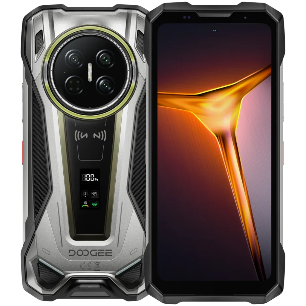 Smartphone rugerizado plateado con triple cámara trasera circular, pantalla amplia con biseles robustos, cuerpo metálico IP68 y detalles en negro y verde