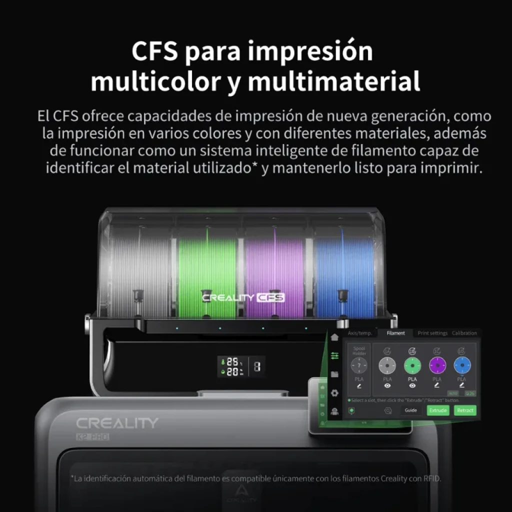 Creality K2 Pro Combo, impressora 3D com CFS: módulo de filamentos multicoloridos com bobinas verdes, azuis e roxas, ecrã tátil e leitor RFID integrado
