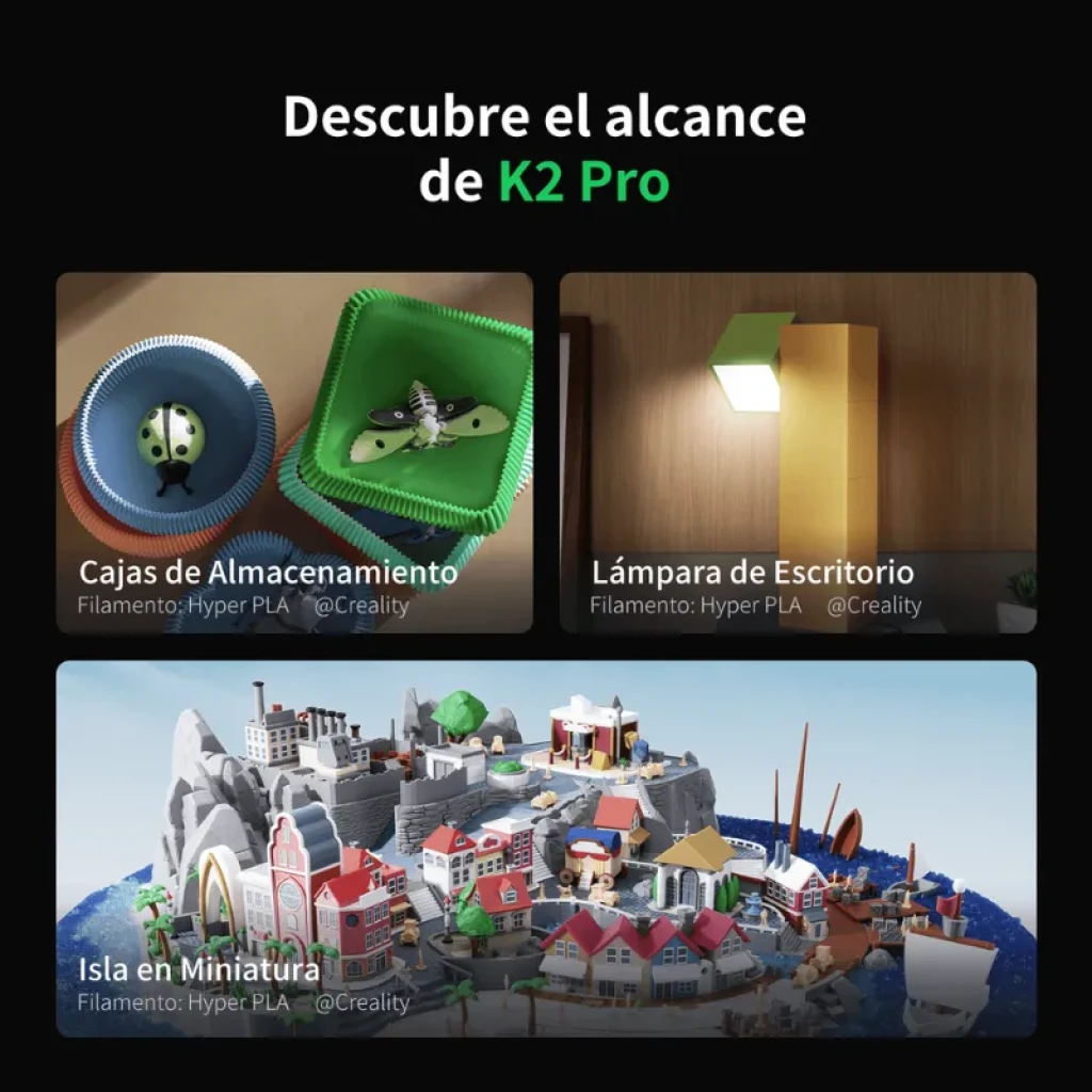 Creality K2 Pro Combo - Impressora 3D + CFS exibindo exemplos: caixas de armazenamento verdes, lâmpada de parede moderna e diorama de ilha em miniatura