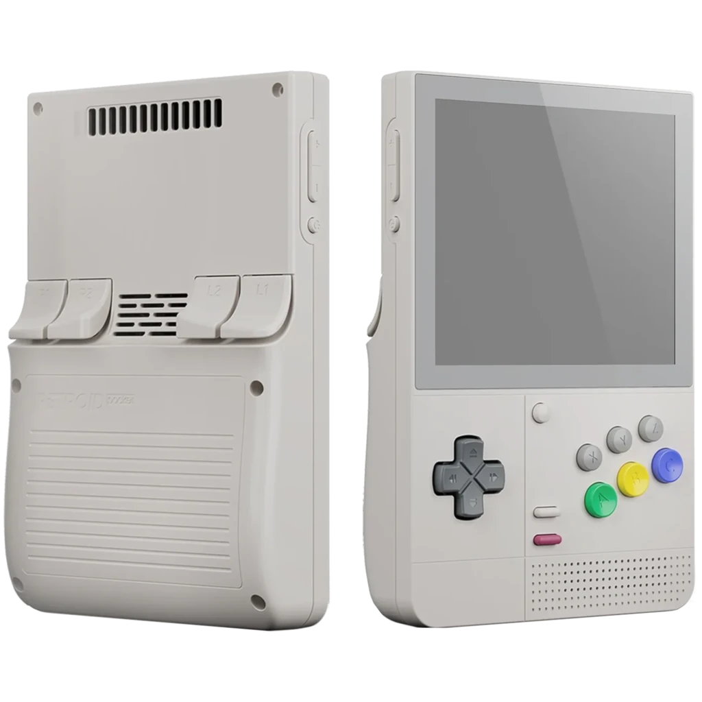 Retroid Pocket Classic 6 con carcasa gris retro, pantalla AMOLED, cruceta y botones de colores frontales, gatillos L1/L2 y ranuras de ventilación traseras