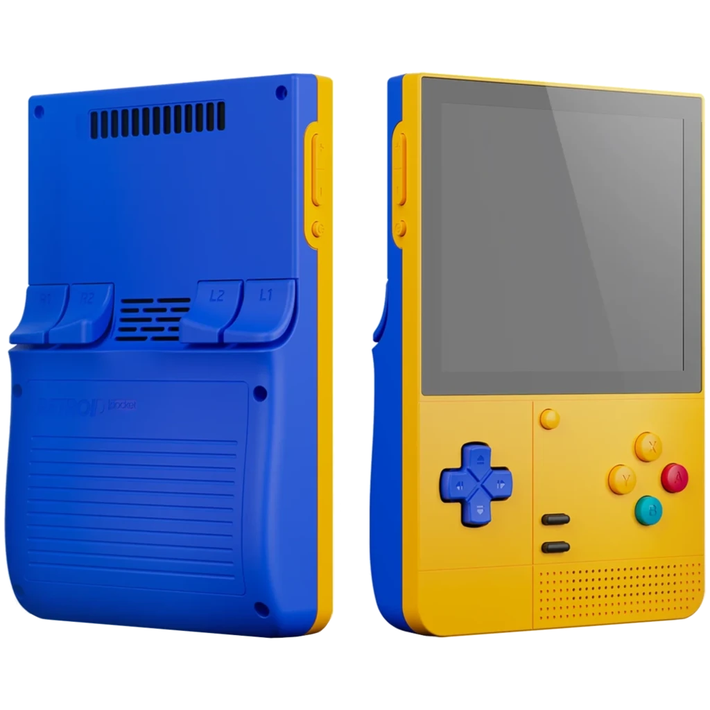 Retroid Pocket Classic PKM Yellow 6GB/128GB AMOLED en amarillo y azul, pantalla grande, cruceta y botones de colores frontales, gatillos L1 L2 en la parte