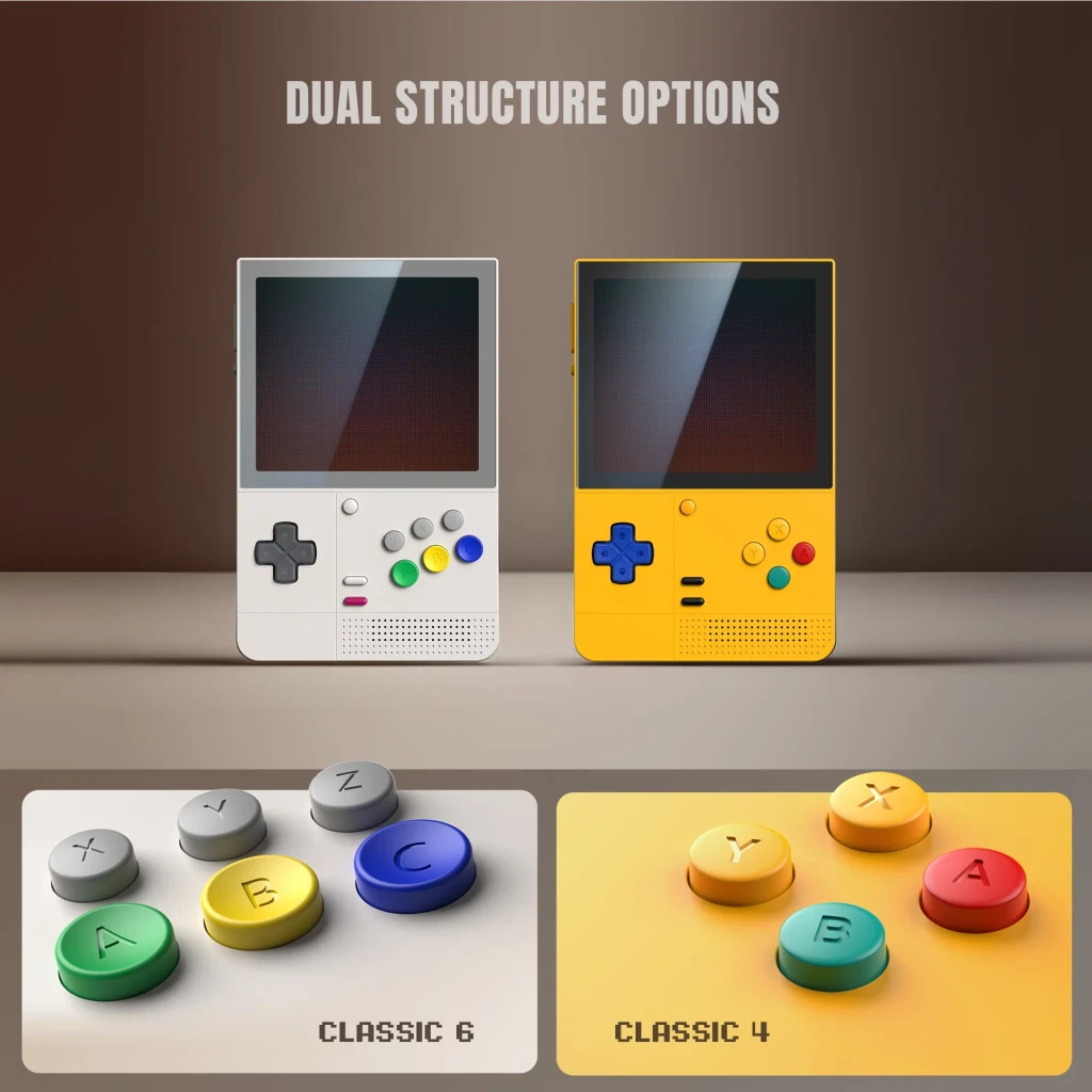 Retroid Pocket Classic Retro 6GB/128GB AMOLED portátil con dos diseños: carcasa blanca y amarilla, pantalla vertical, cruceta, sticks y botones A B X Y