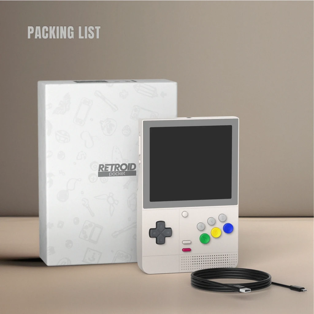 Retroid Pocket Classic Retro 6GB/128GB AMOLED en color crema, pantalla grande, cruceta gris, botones ABXY multicolor, altavoz frontal y cable USB-C incluido
