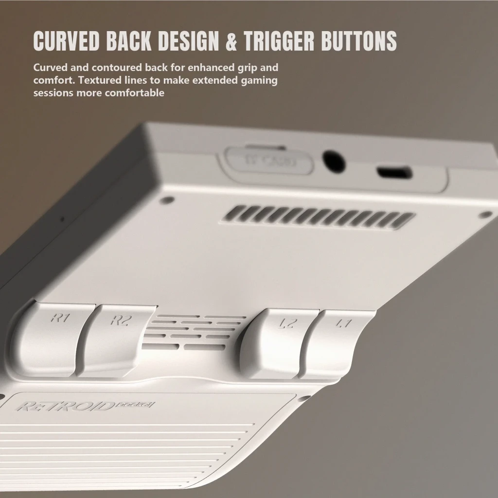 Consola portátil Retroid Pocket Classic Retro 6GB/128GB AMOLED con trasera curvada, agarre ergonómico y gatillos L1 L2 R1 R2 texturizados para mayor comodidad