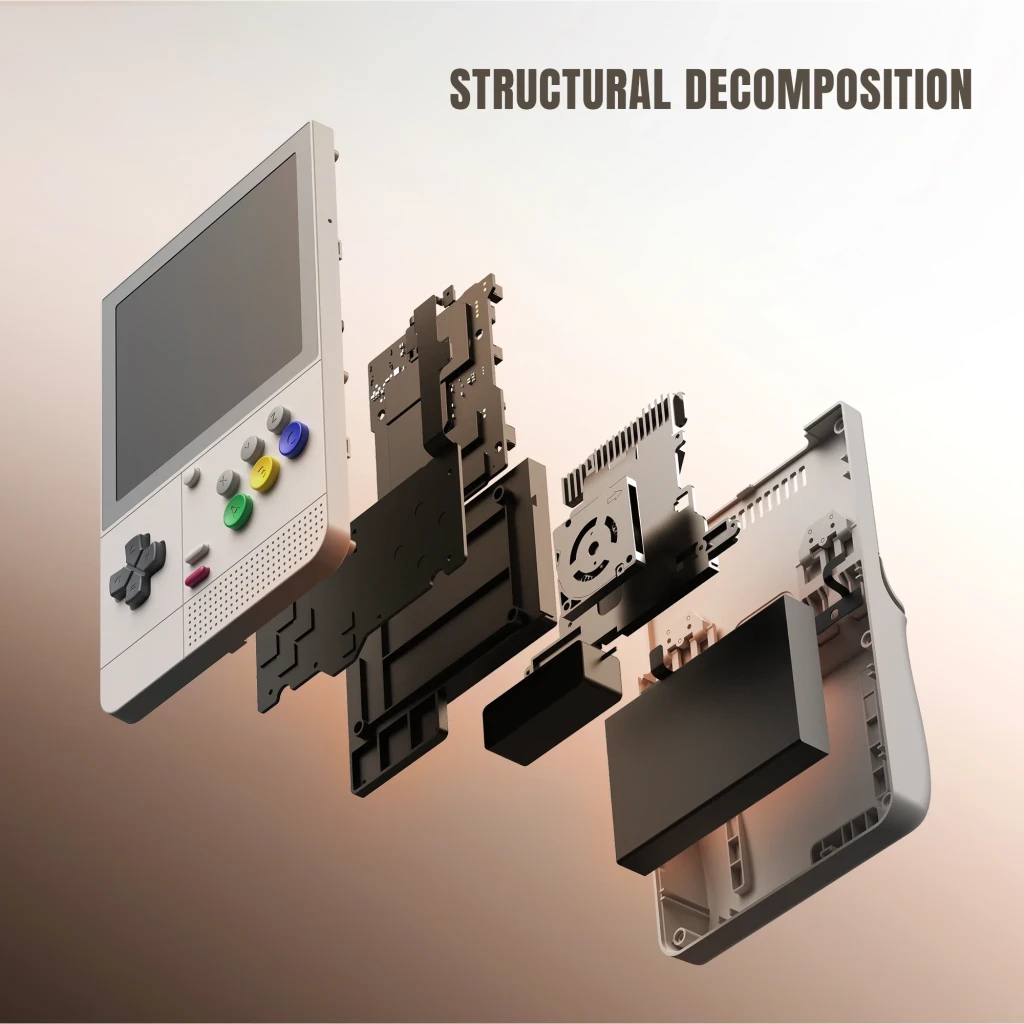 Retroid Pocket Classic Retro 6GB/128GB AMOLED con despiece estructural: carcasa gris, pantalla AMOLED, botones de colores, placa interna y batería expuestos