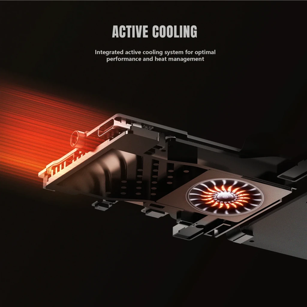 Sistema de refrigeración activa con ventilador iluminado y disipador, flujo de aire dirigido para alto rendimiento en Retroid Pocket Classic Retro 6GB/128GB