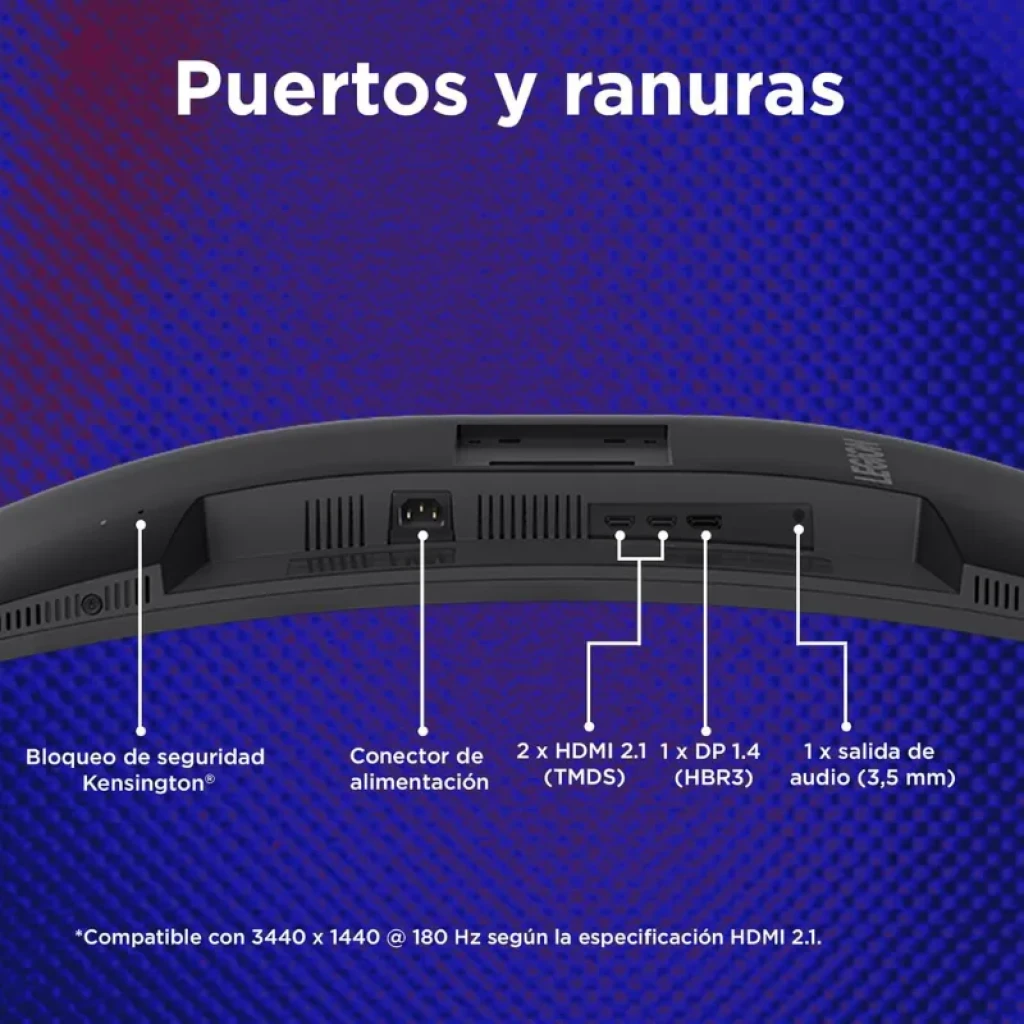 Panel trasero curvo del Lenovo Legion R34w-30 con puertos: 2 HDMI 2.1, 1 DisplayPort 1.4, salida de audio 3,5 mm, conector de alimentación y bloqueo Kensington