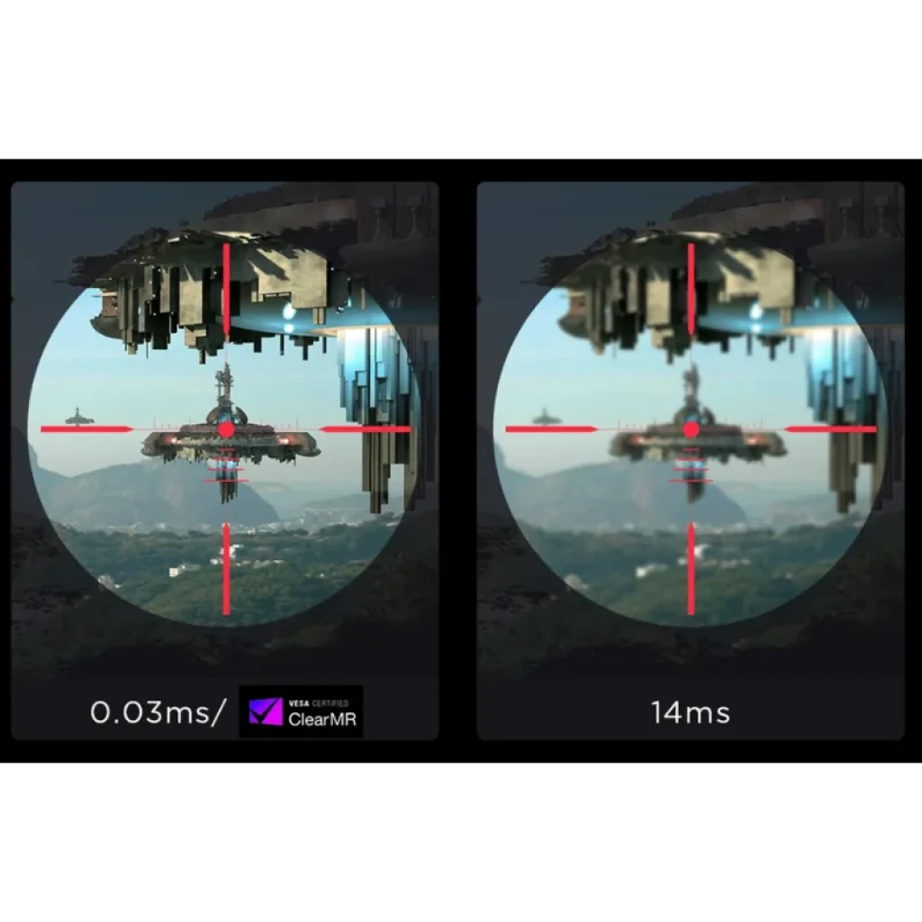 Comparativa de nitidez con retículas rojas: panel QD‑OLED 4K 31,5 pulgadas, 240 Hz, respuesta ultrarrápida 0,03 ms vs 14 ms, certificación VESA ClearMR