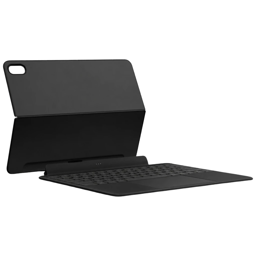 OnePlus Pad 4 Smart Keyboard em preto, capa traseira magnética com recorte para câmera, teclado de baixo perfil e conector pogo para acoplamento ao tablet