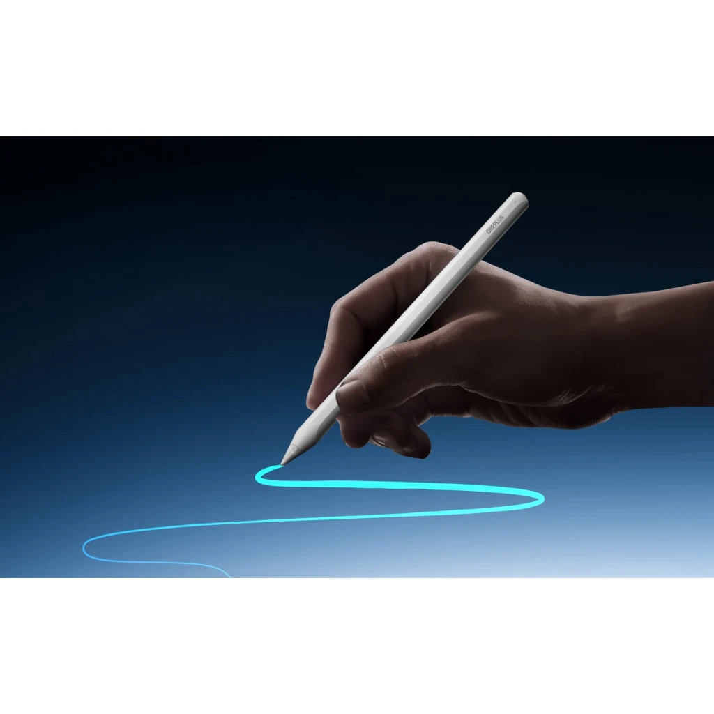 OnePlus Stylo Pro 16384 Niveles Motor Háptico Lápiz Óptico blanco con punta fina, diseño ergonómico, trazo luminoso azul sobre fondo oscuro