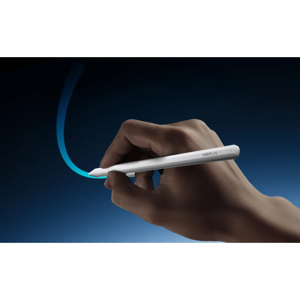 OnePlus Stylo Pro lápiz óptico blanco con punta fina, 16384 niveles de presión y motor háptico, diseño ergonómico en uso sobre fondo oscuro