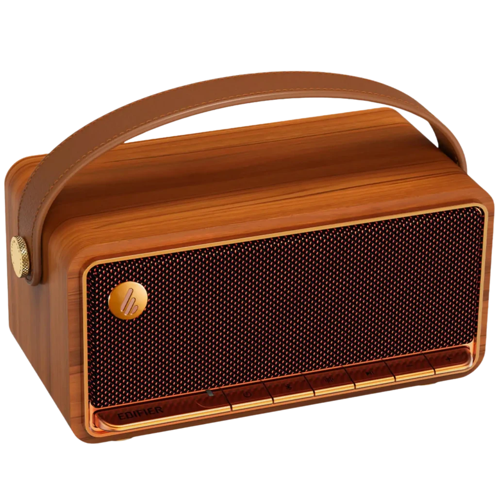 Edifier MP330 40 W Bluetooth marrón con diseño retro en madera, rejilla frontal oscura y asa de cuero; botones inferiores discretos, autonomía 19 h