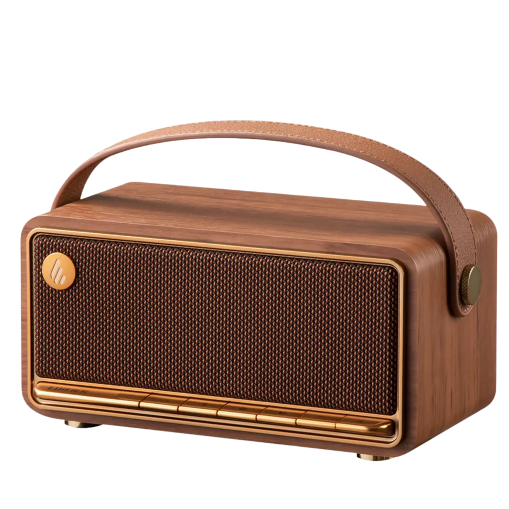 Edifier MP330 40 W Bluetooth en marrón, diseño retro en madera con rejilla metálica dorada, asa de cuero y botones frontales alineados, compacto y elegante