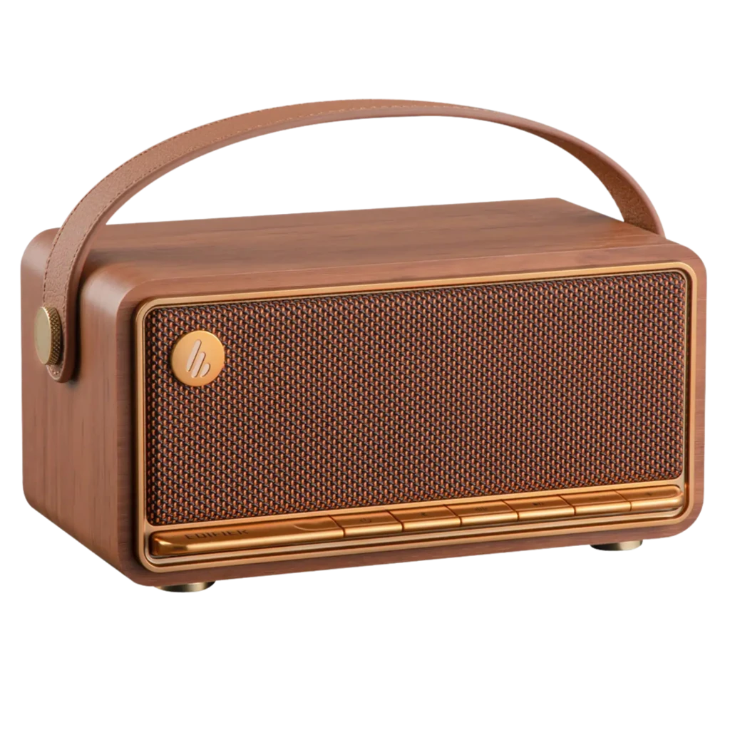 Edifier MP330 40 W Bluetooth, altavoz portátil marrón estilo retro en madera, rejilla metálica dorada, botones frontales, asa de cuero, autonomía 19 h